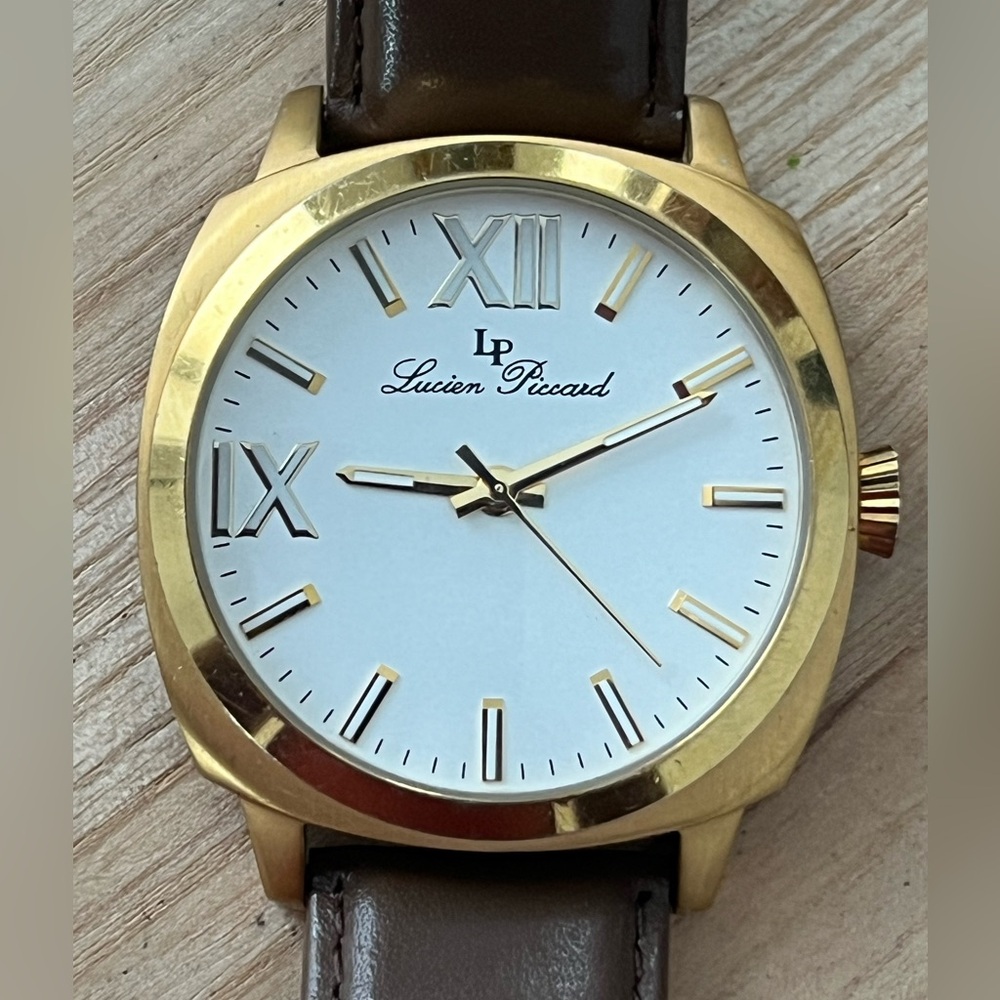 Lucien Piccard Luxury Large Gold-Tone Case Watch Brown Leather Strap White Dial